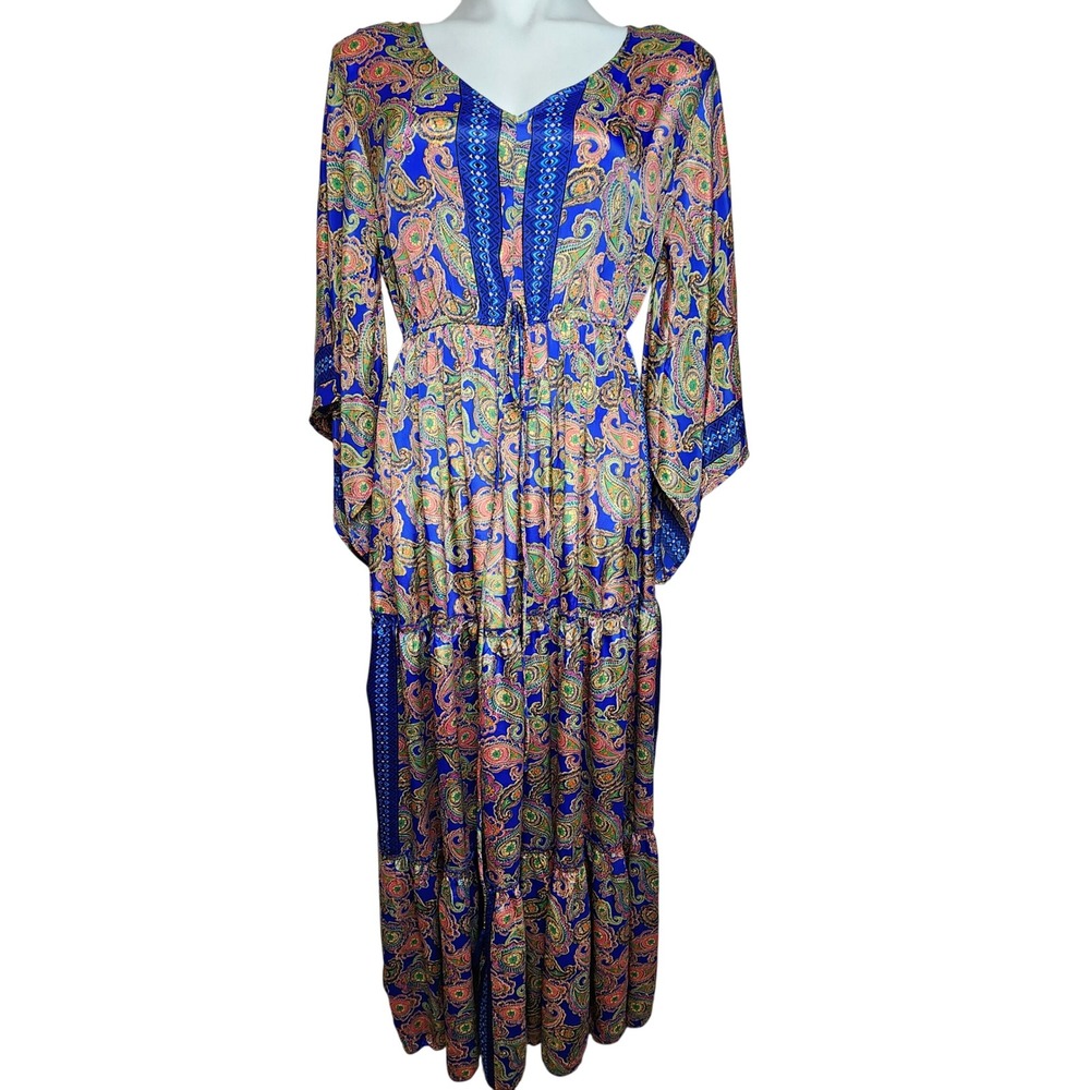 Anthropologie Me 2 Magic Bohemian‎ open bell sleeve satin blue maxi dress size L
